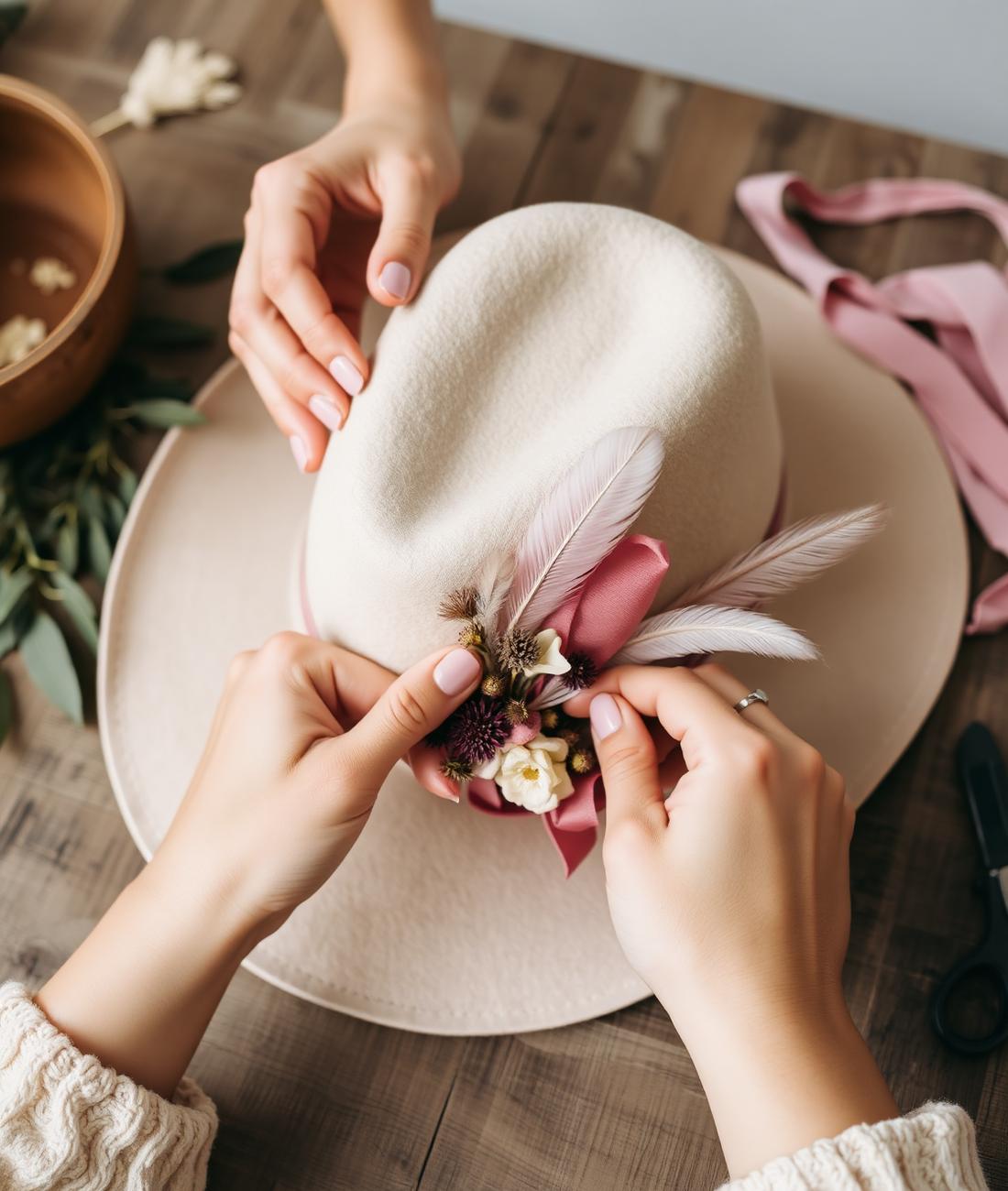 Customizing a felt hat with dried florals and ribbon